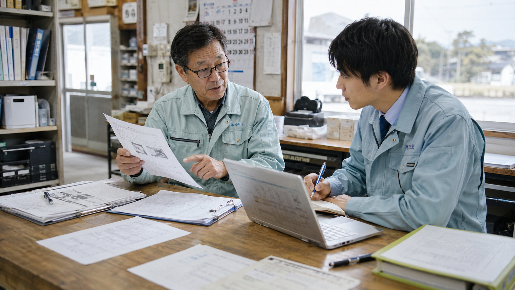 福井の現場で担当者に帳票を見せてもらいながらAI導入と業務自動化の対象を確認する様子