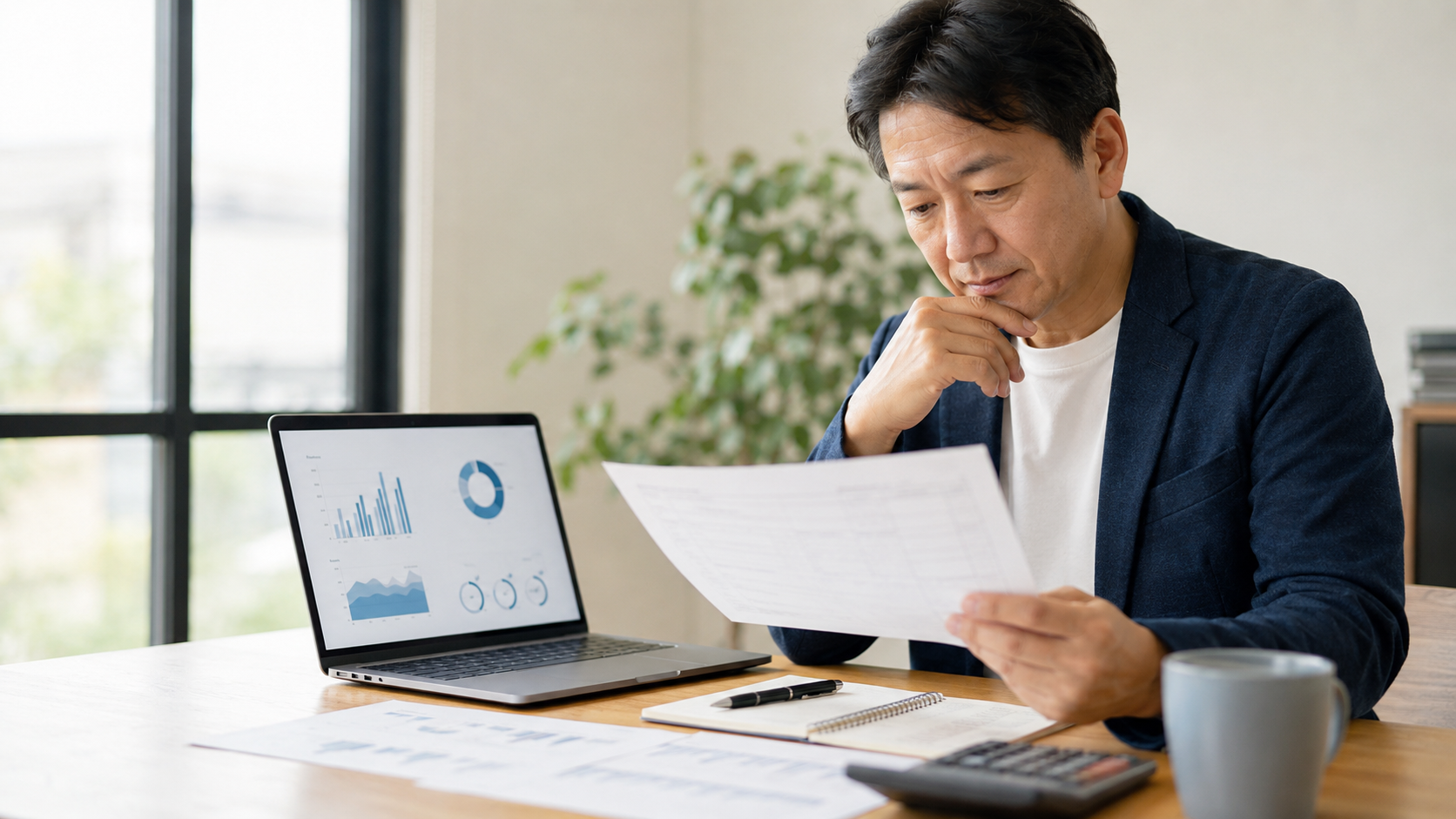 経営者が帳票と削減効果を確認しながらAI導入の費用対効果を検討する様子