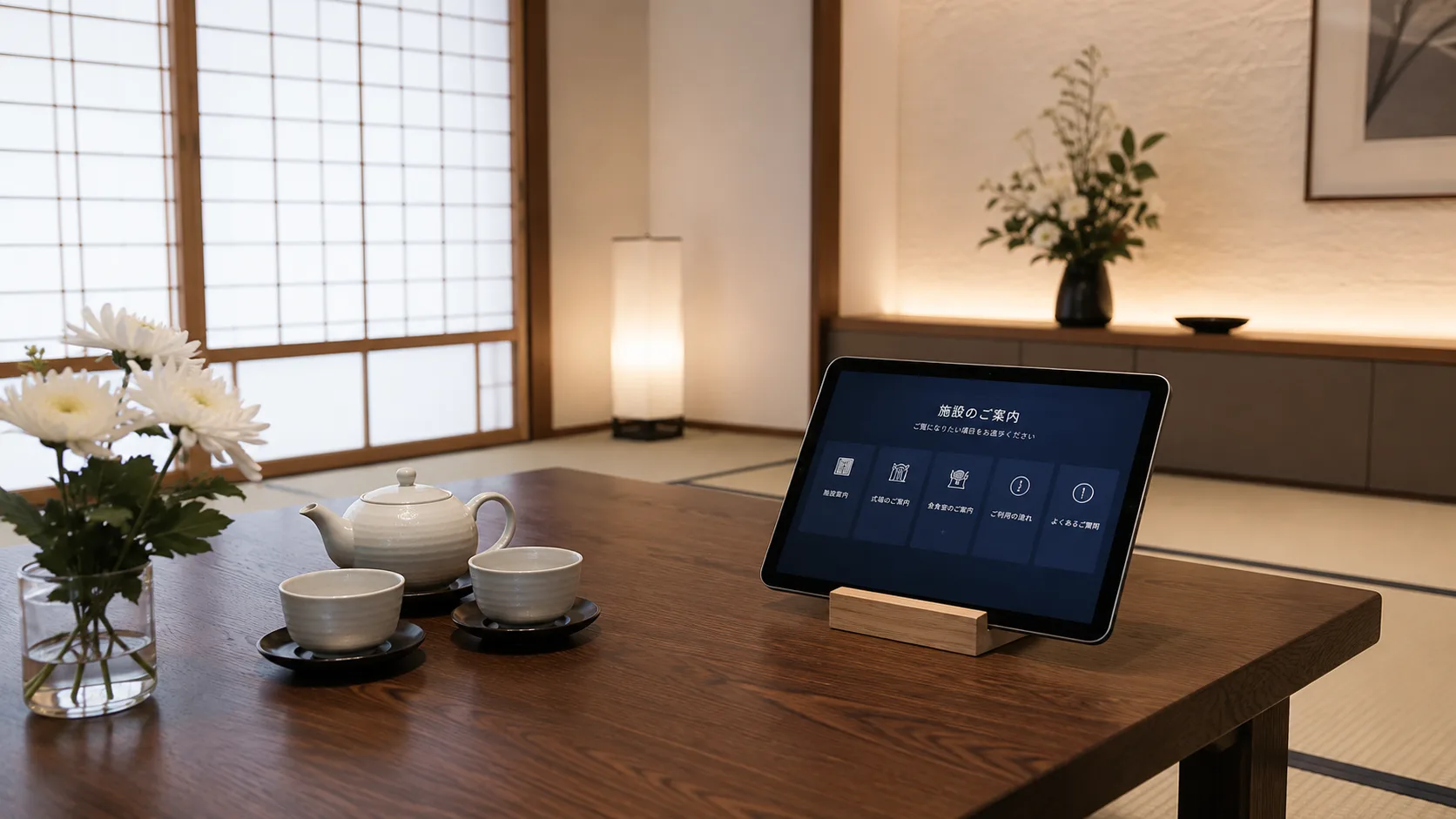 葬儀施設の家族控室に設置した案内タブレットのイメージ